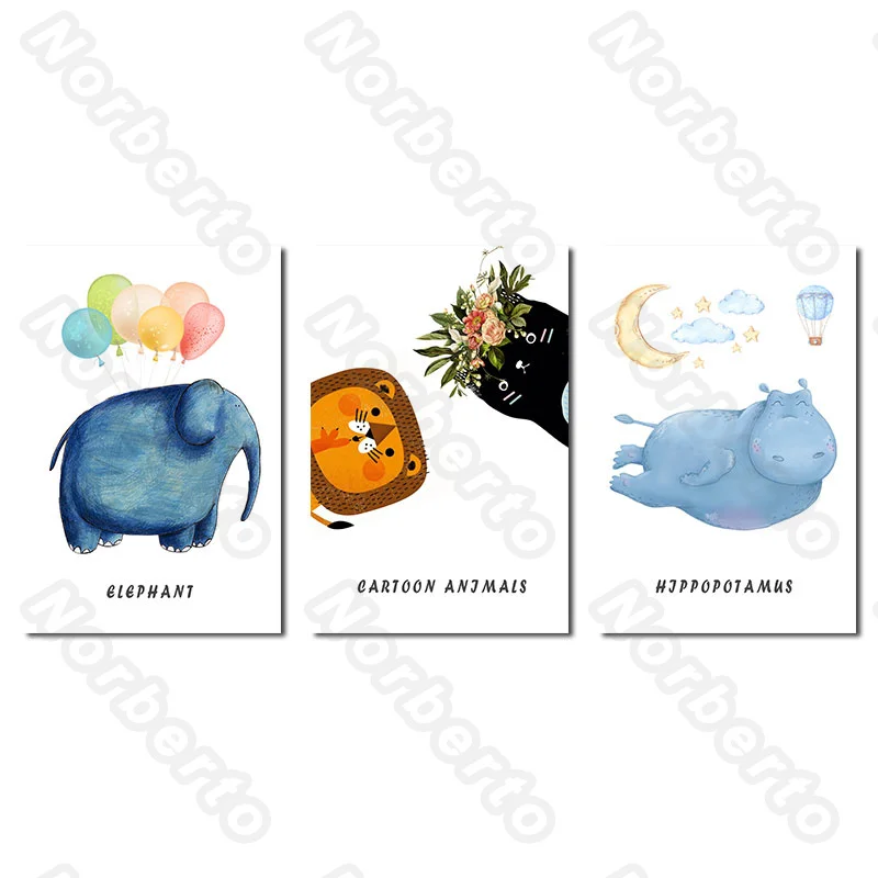 

Cartoon Pictures Canvas Painting Poster Big Elephant Colorful Balloons Cute Cats Light Blue Hippopotamus for Home Rooms Decorati