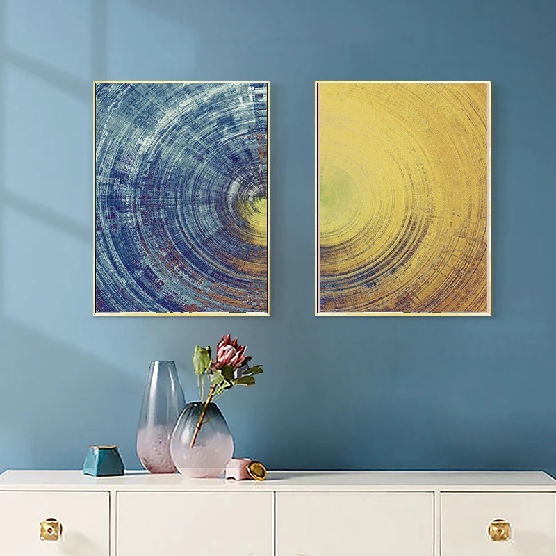 Абстрактные печатные постеры с синими и желтыми кругами Картина на холсте для