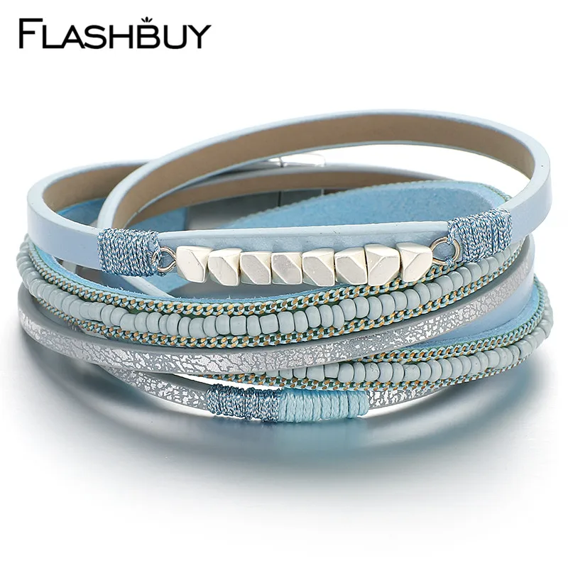 Flashbuy, Модные Винтажные разноцветные кожаные браслеты с бусинами для женщин, Простые Модные блестящие вечерние браслеты