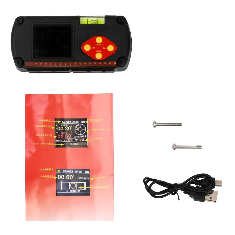 

Portable LCD Display Dual-axis Angle Ruler Digital Level Inclinometer 0.1 Accuracy with USB Cable and Built-in Lithium Battery