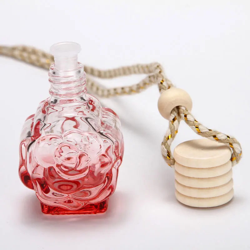 

Fashion Empty Essential Oil Aromatherapy Dispenser Colorful Glass Bottle Wood Cap 10ml Rose Shaped Perfume Pendant 25pcs/lot