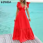 Женское сексуальное Макси-платье без рукавов VONDA, сексуальное вечернее плиссированное платье с глубоким V-образным вырезом и оборками на манжетах, богемное женское платье