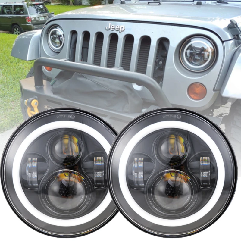 

7Inch LED Headlamps with Halo Ring Amber Turn Signal For Lada Niva Urban 4x4 For Suzuki Samurai For Jeep Wrangler Off Road Lamps