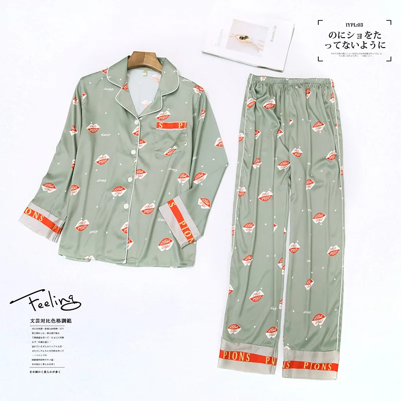 

Pink Satin 2PCS Pajamas Set Women Printed Sleepwear Long Sleeve Shirt&Pants Female Loose Sleep Set Casual Pyjamas Suit