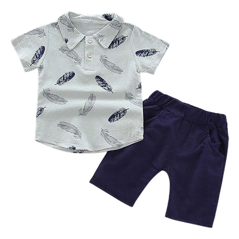 

Kids Boys Summer Casual Suit Short Sleeve Collared Mid Length Elastic Waist Comfy Feather Animal Print