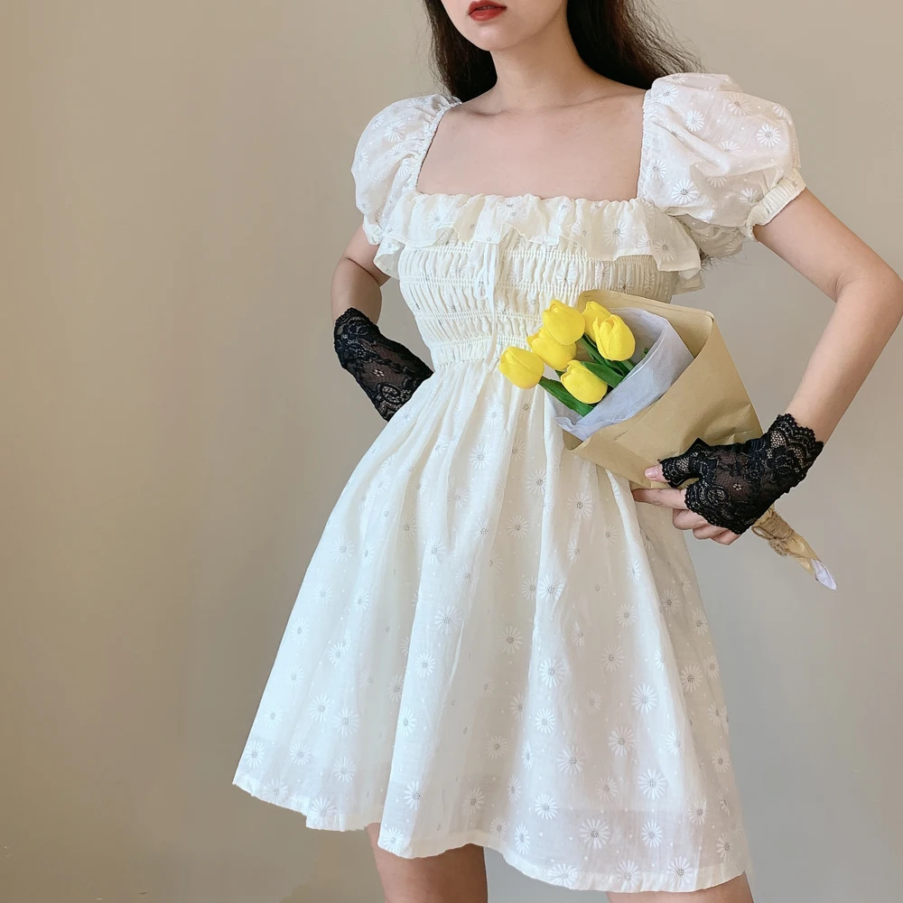 

2021 Summer White Flower Beach Dress Woman Puff Sleeve Slash Collar Ruffled Daisy Embroidered Pleated Elegant Vintage Dress Robe