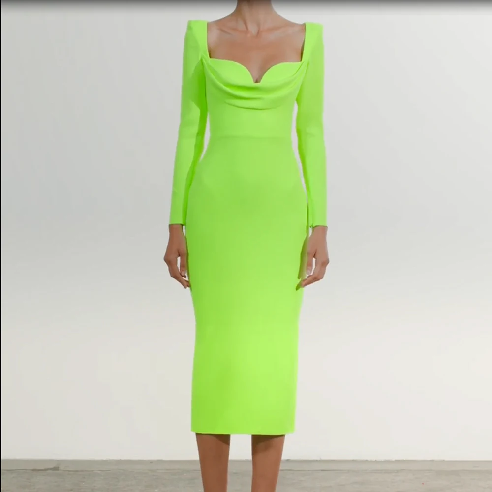 Draped Lime Green Bandage Dress 2022 New Year Long Sleeve Bandage Dress Bodycon Women Midi Sexy Party Dress Evening Club Outfits