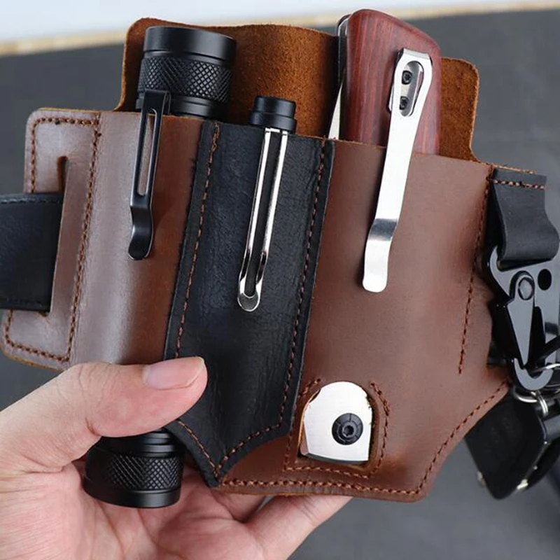 Tactical Multifunction Belt Leather Sheath Pocket Portable Edc Pouch Organizer with Key Holder Hunting Flashlight Pen Bag