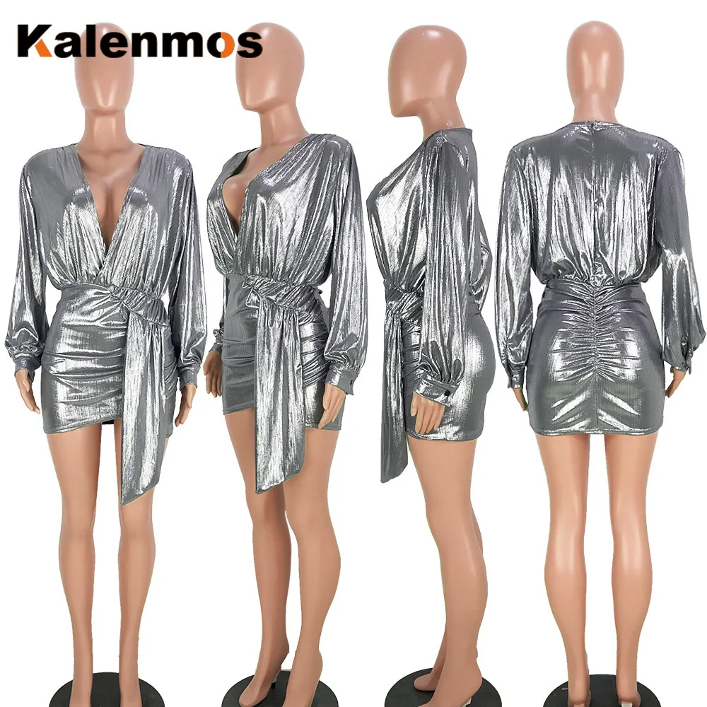 

Bandage Dress Women Mini Sexy Bronzing Spring Summer V-neck High Waist Long Puff Sleeve Party Club Evening Prom Bodycon Vestidos