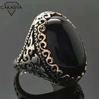 925 thai silver black gemstone ring exaggerated goose egg stone ring vintage jewelry