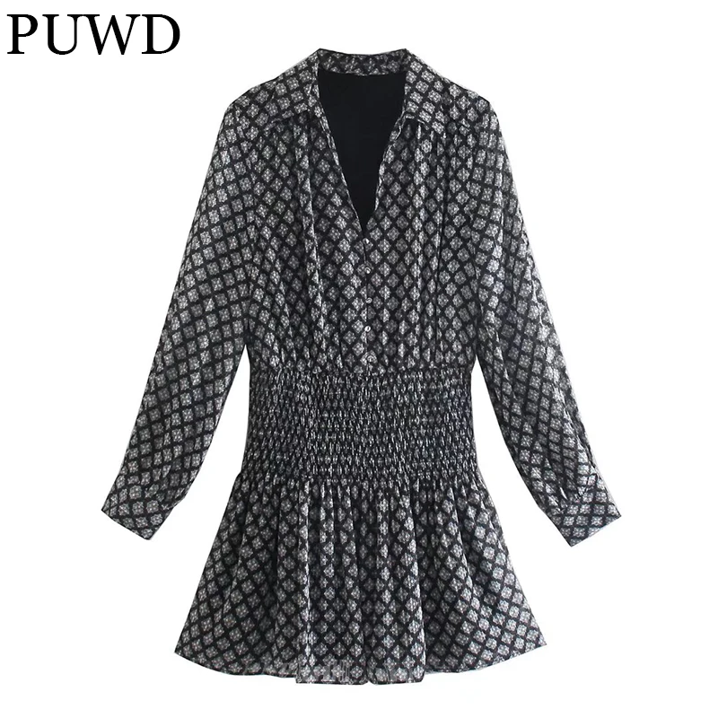 

Винтажное женское мини-платье PUWD с длинным рукавом, Дамское клетчатое платье с поясом и V-образным вырезом, осень 2021, модные черные женские ш...