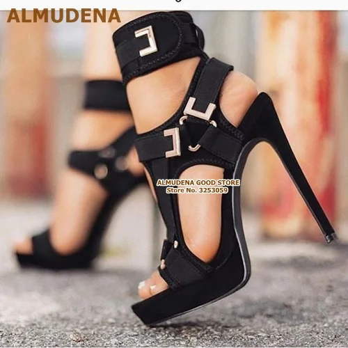 black as picture ALMUDENA/новейшая модель; Босоножки на платформе с ремешком и пряжкой; цвет желтый, розовый; гладиаторские туфли для вечеринки на платформе; модельные туфли-лодочки с вырезами и металлическими украшениями - Цвет: black as picture