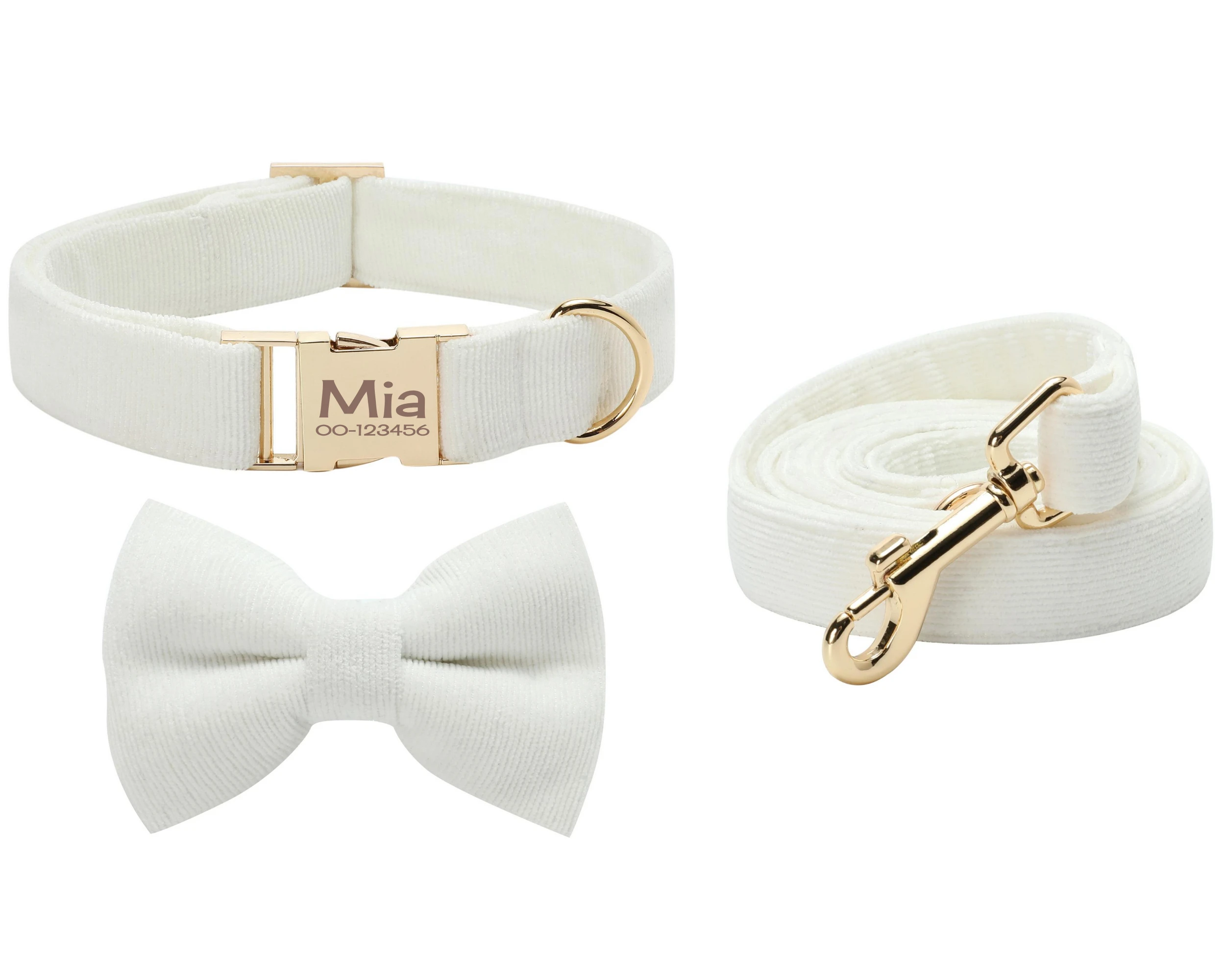 Белый персонализированный собачий ошейник с бантом и поводком бархатный на