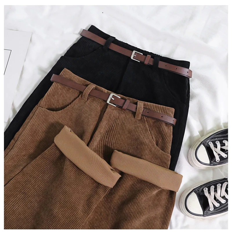 

2021 Women Spring Corduroy Pants High Waist Autumn Vintage Korean Wide Leg Pants Elegant Belt Loose Cotton Streetwear