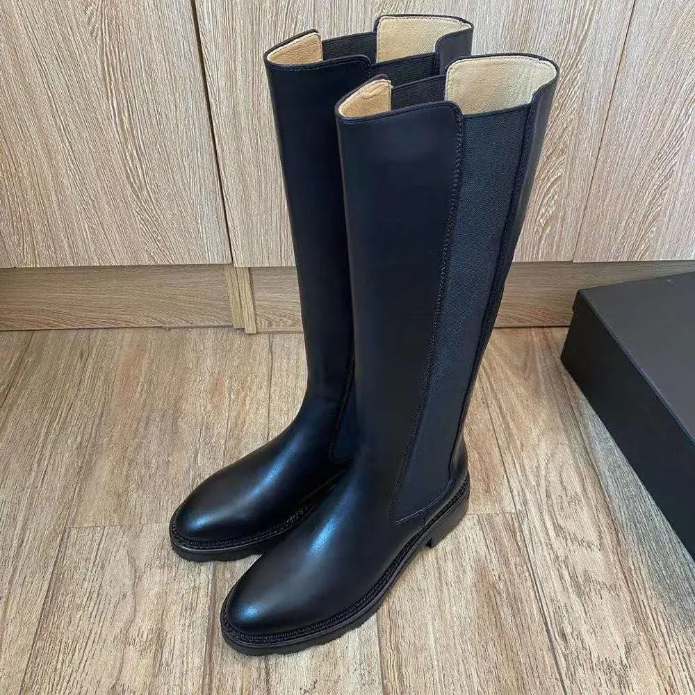 

Vallu 2020 autumn and winter new style Chelsea fashion plain wide elastic straight high tube leather all-match women's boots