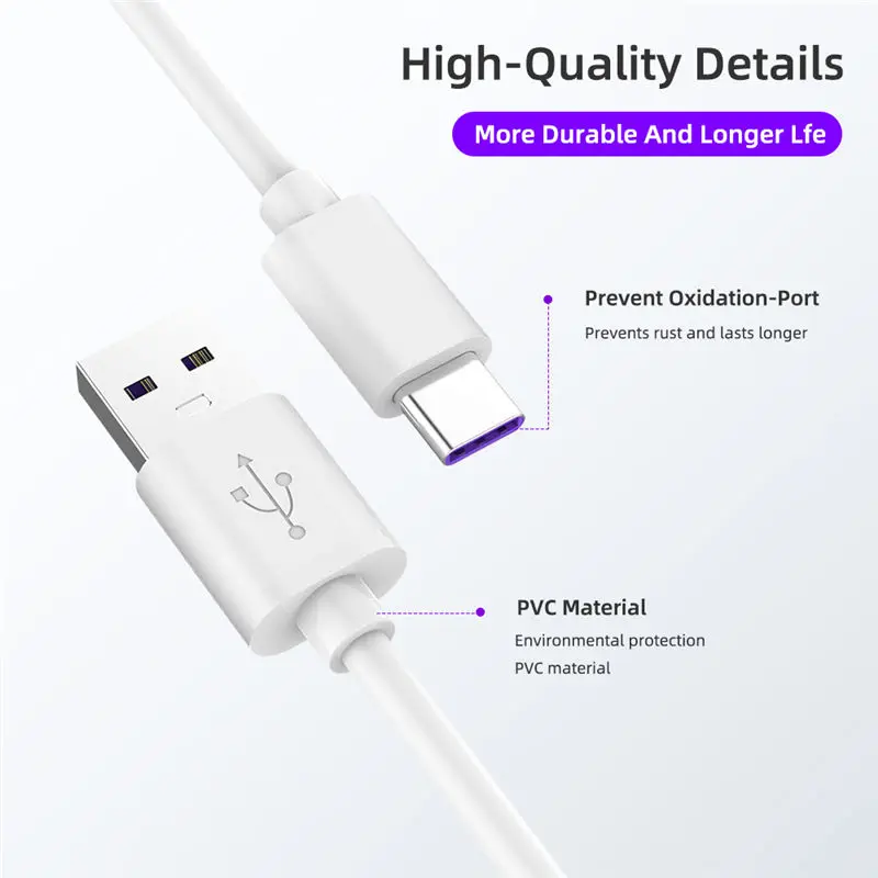 Кабель usb-c 5 А из чистой меди с функцией быстрой зарядки ПВХ для Huawei P20 P30 Samsung S10 S9