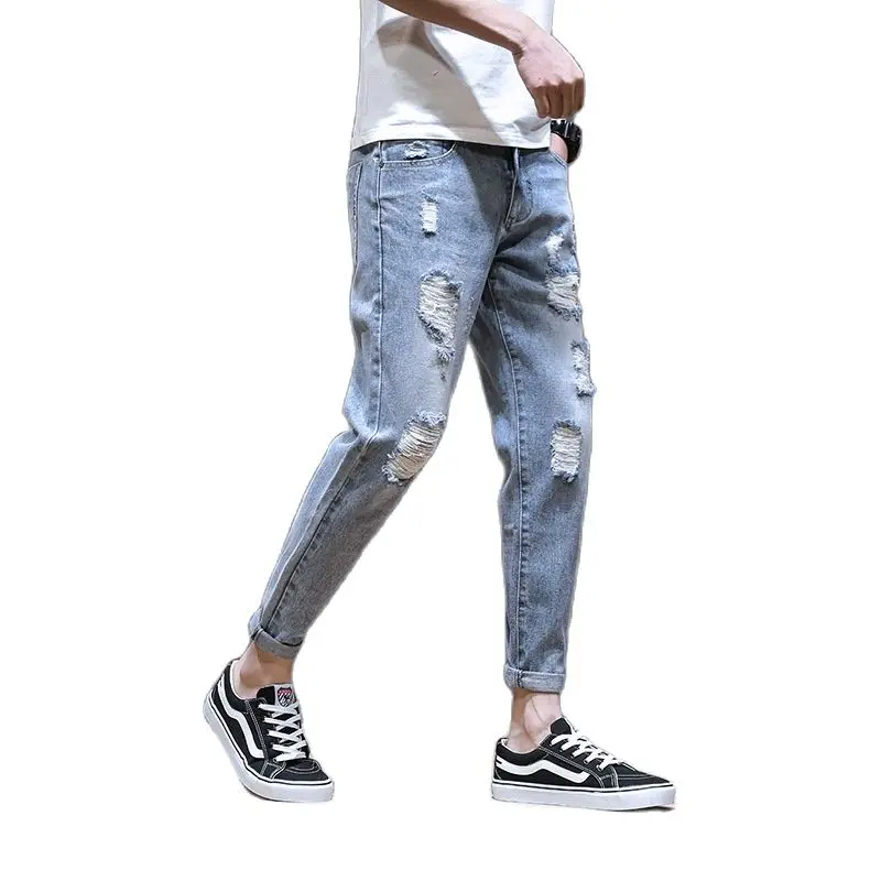 

cowboy ripped denim jeans men 2021 new brand spring autumn small feet casual distressed hiphop long teenagers pencil pants boys