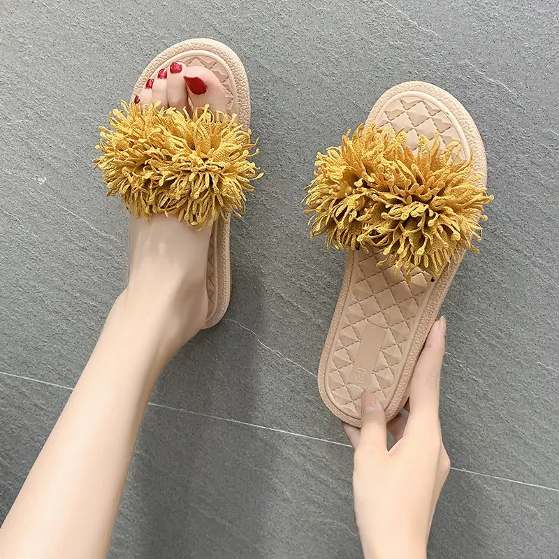 Шлепанцы женские с цветами повседневные замшевые домашние тапочки плоская