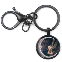 retro gothic angel moon keychain personality pattern fairy tale glamour glass keyring pendant man woman jewelry souvenir gift