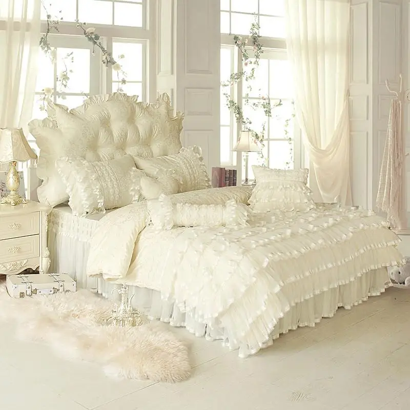 

4/6/8pcs white pink Jacquard Satin bedding set king queen full twin Luxury Tribute Silk quilt/duvet cover bed linen bedclothes s