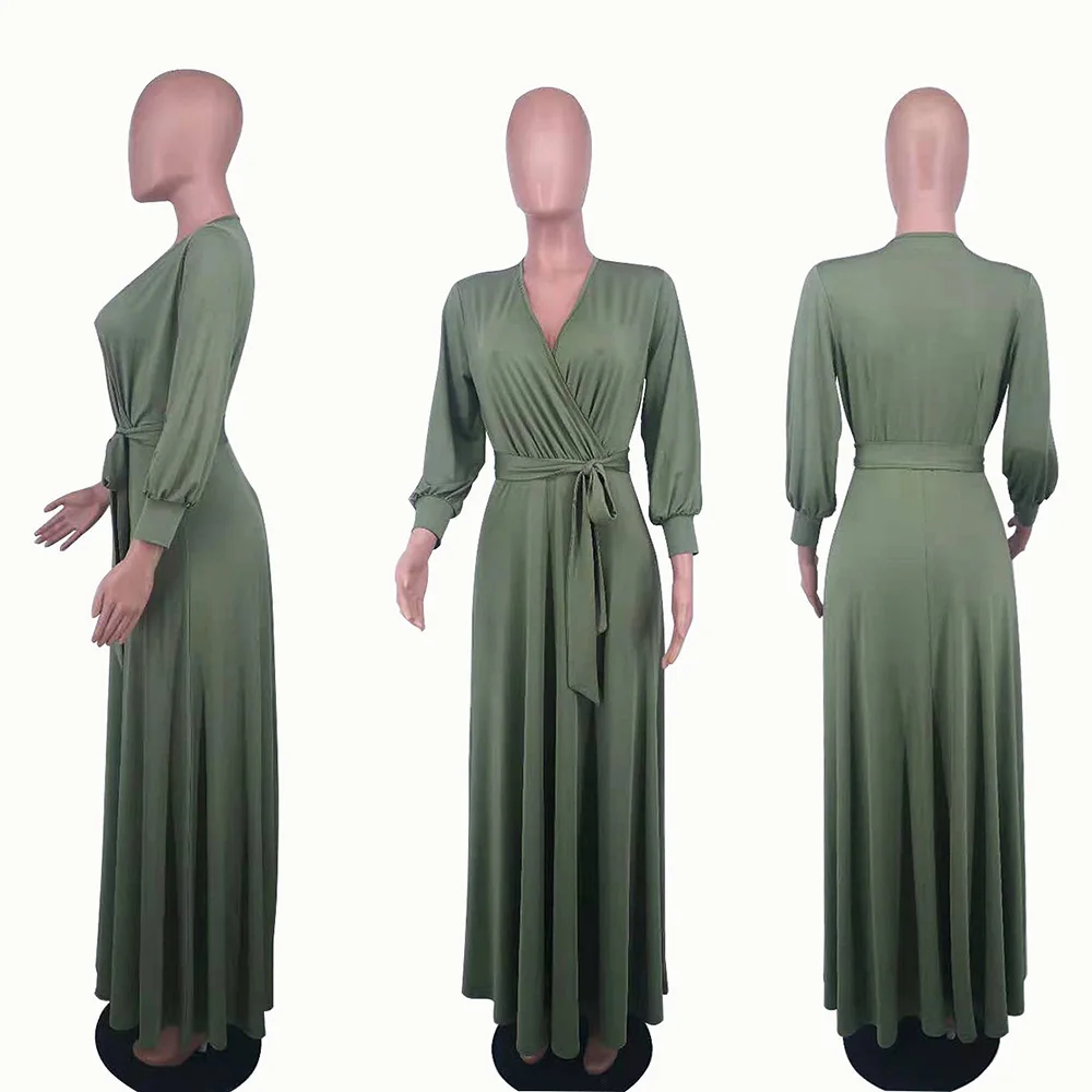 

Oversize Women's Dress 2021 Summer New Long Fashion Temperament Solid Color V-neck Long Sleeve Lace High Waist Swing