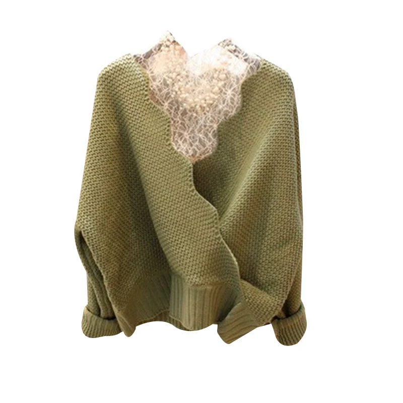 

Hitz lace shirt with avocado green two-piece V-neck sweater Korean loose sweater coat