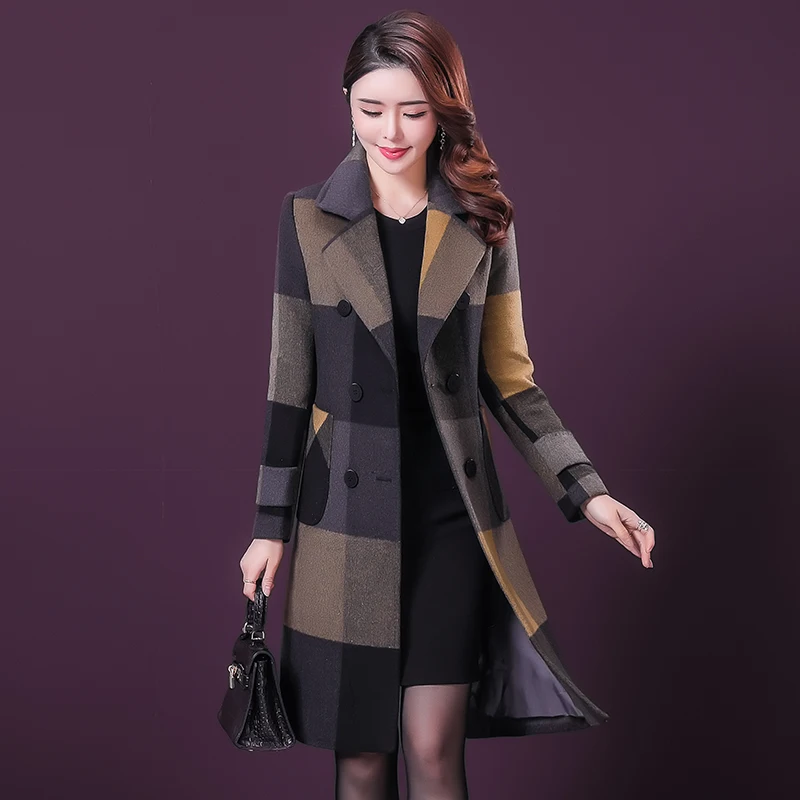 L-5XL Women Wool Blends Coat Autumn Winter 2022 New Fashion Thicken Warm Plaid Woolen Overcoat Slim Long Tops Outerwear Female
