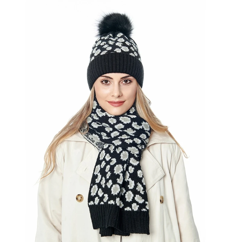 

Women Winter Knitted Warm Beanie Hat and Scarf Set Vintage Leopard Print Fluffy Pompom Cuffed Skull Cap Thicken Shawl