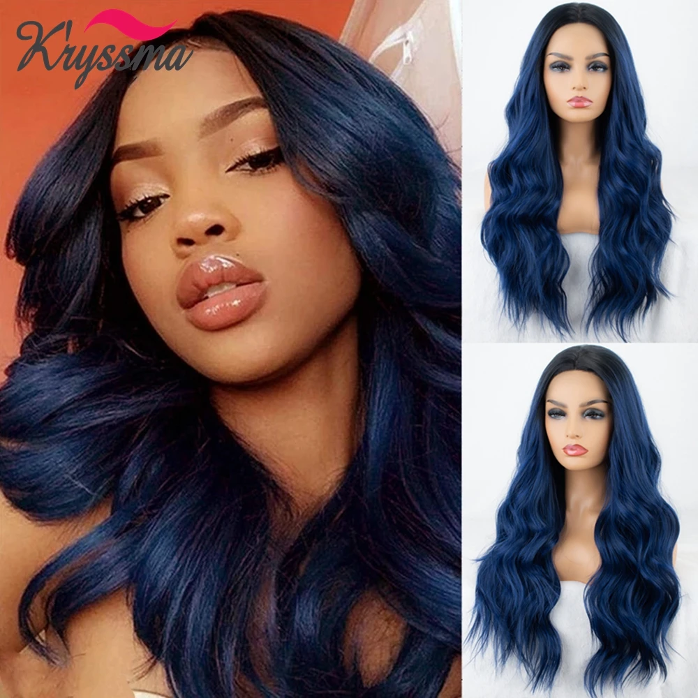 

Kryssma Ombre Dark Blue Lace Wigs Synthetic Ombre Long Wavy Lace Front Wig Cosplay Pelucas Naturales for Black Women Body Wave