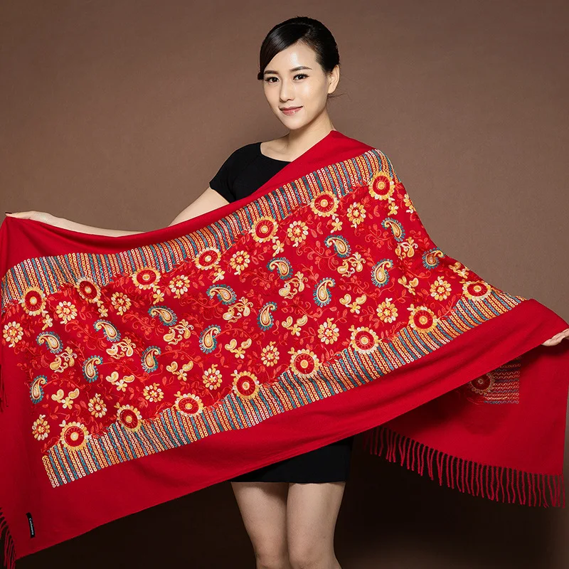 New Hot Ladies National Style Imitation Cashmere Scarf Shawl Fashion Dual-use Long Autumn And Winter Embroidered | Аксессуары для