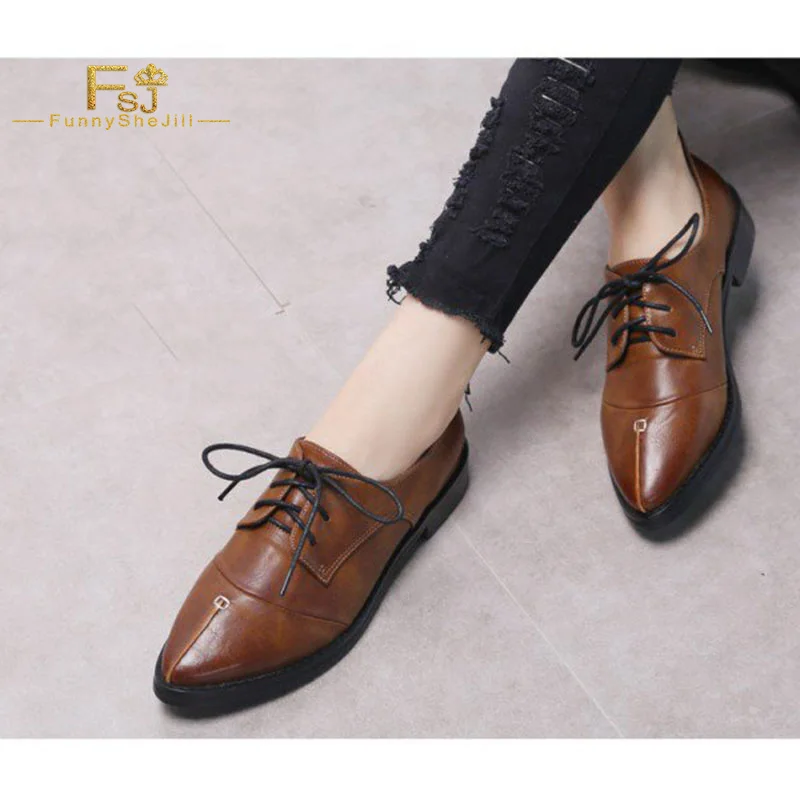 

FSJ Retro Tan Lace Up Patent Leather Low Chunky Heel Women Oxfords 2022 Spring Pointy Toe Patchwork Office Dress Comfy Flat Shoe