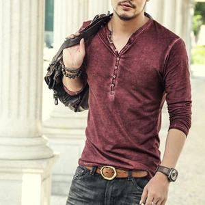 Men Vintage Henry Collar T Shirts Casual Long Sleeve High quality Men Slim Clothes T shirt Stylish Streetwear Tee Shirt Men