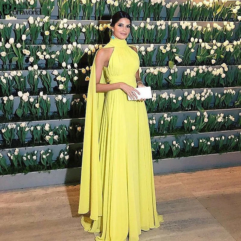 

Abendkleider Dubai Formal Women Elegant Chiffon Ruched High Neck Cape Yellow Evening 2021 Vestido Longo Festa