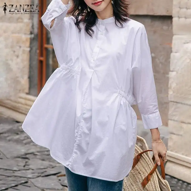 

Oversized Fashion OL Women's Blouse 2021 Spring Autumn Long Sleeve Pleated Tops ZANZEA Casual Solid Loose Button Up Blusa Femme