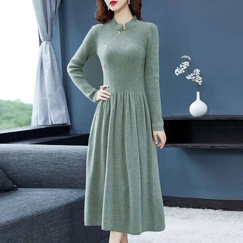 

Women 2021 Spring Autumn Midi Dress Knitted Long Sleeve Sweater Dresses Female Casual Clothes Ladies Elegant Slim Vestidos A671