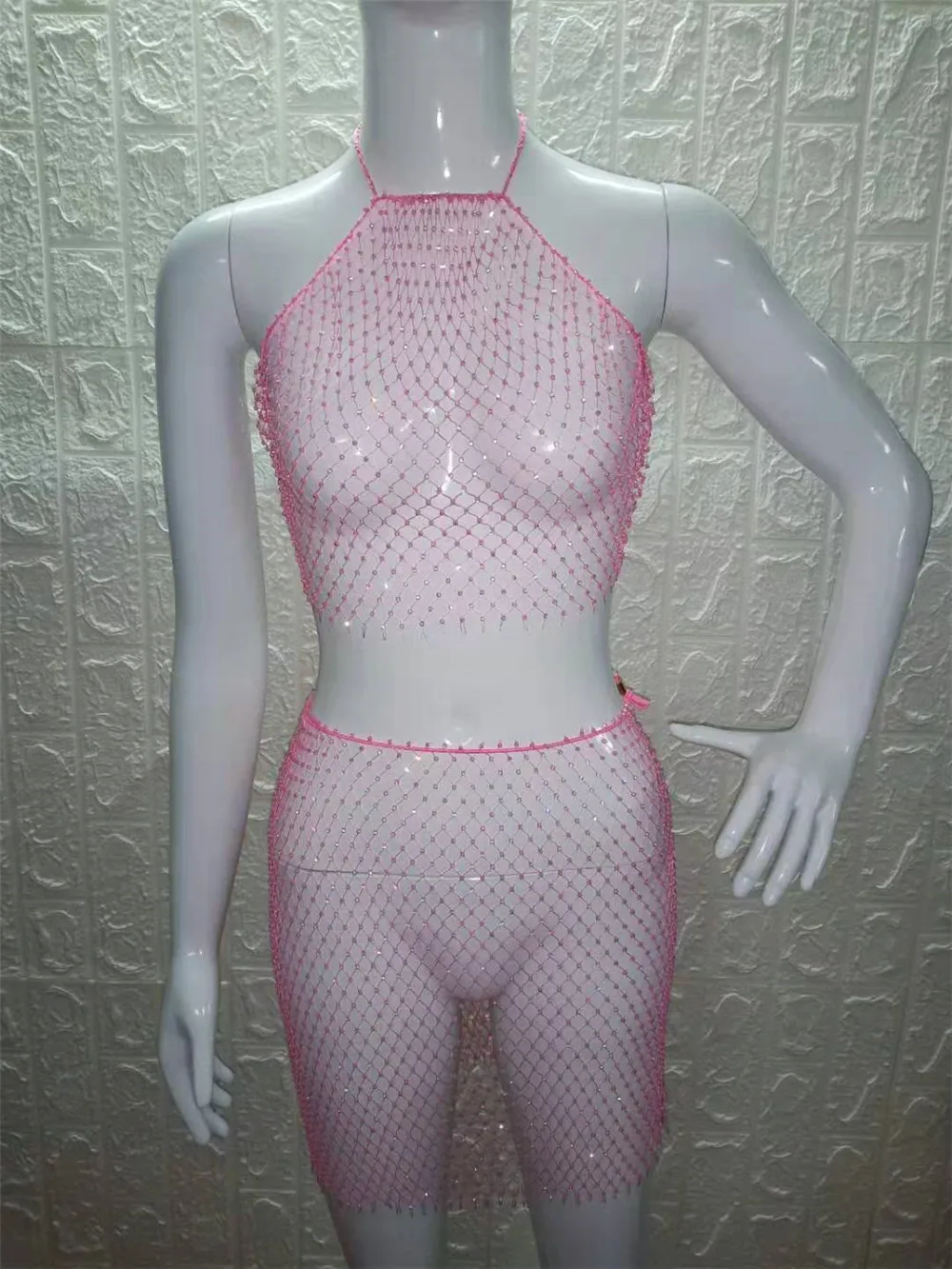 PARAKINI Sparkly Crystal Diamonds Bikini Beach Women Dress Beach Cover Up Dresses Fishnet Cropped Top Two Pieces Set Beach Dress
