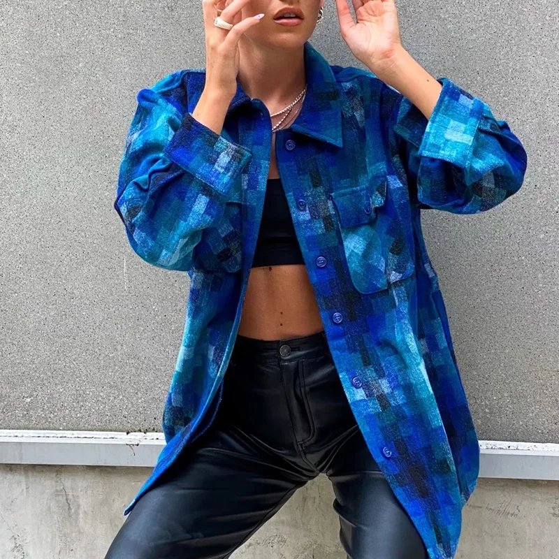 

Куртка женская шерстяная в клетку, с длинным рукавом и карманами