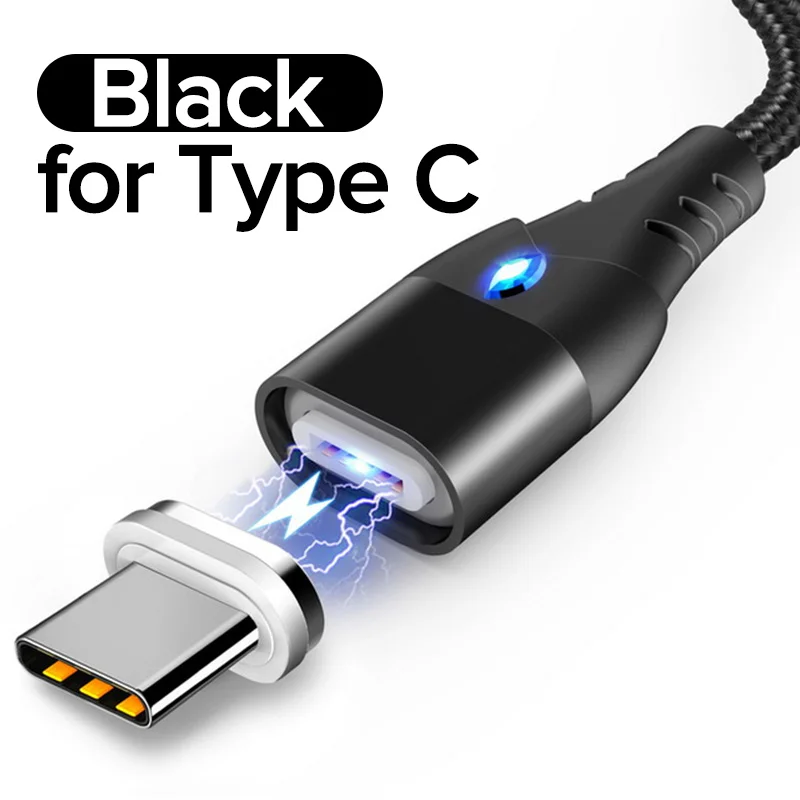 Black Магнитный USB кабель типа C 3а провод для быстрой зарядки 3 в 1 провод магнит 1 м нейлоновое зарядное устройство Kable для samsung Galaxy S10 S9 S8 Note 9 8 - Цвет: Black
