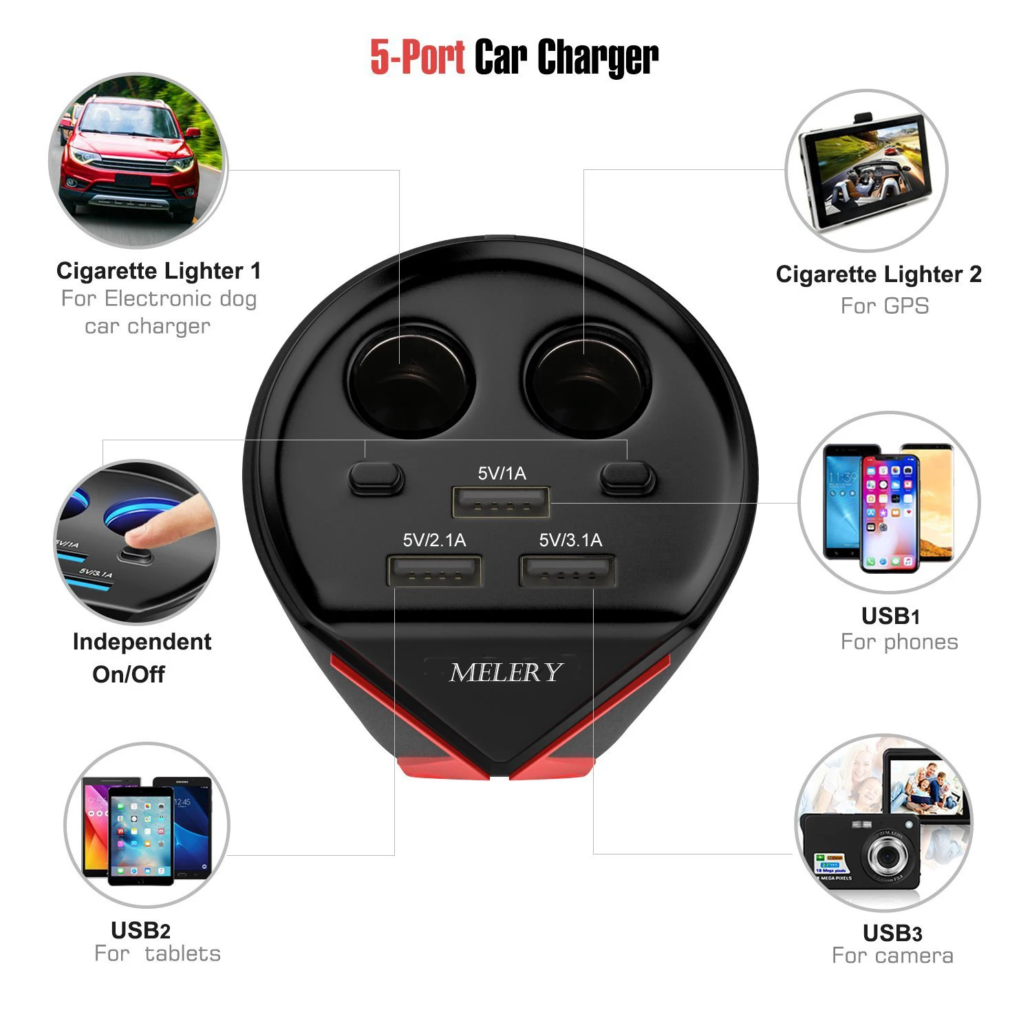 Автомобильное зарядное устройство адаптер питания 3 порта USB 3.1A 2 гнезда