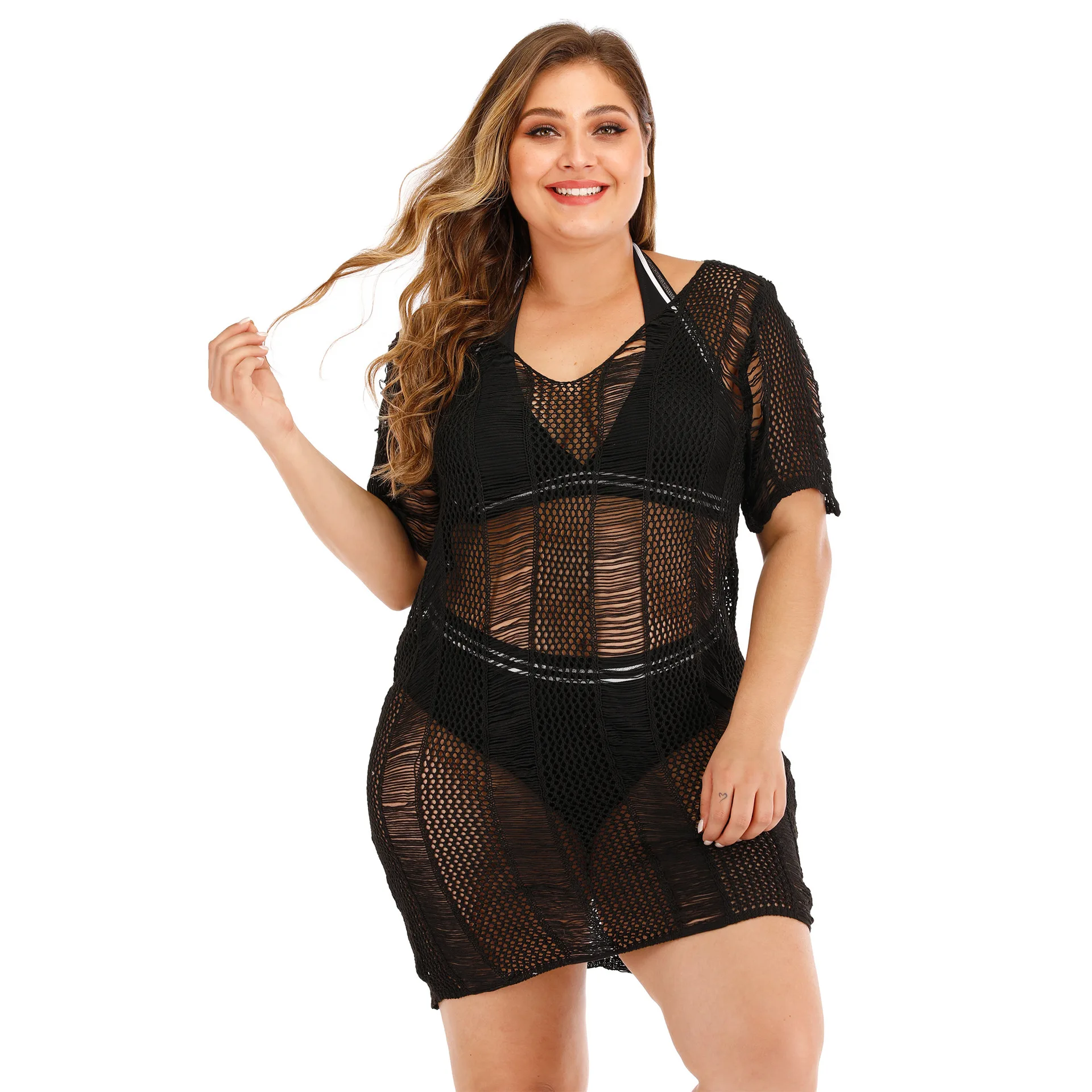 

Fashion Plus Size Women's Clothe Sexy See through Backless Hollow Out Strap Knitwear Short Sleeve Blouse Beach Dress Robe Longue