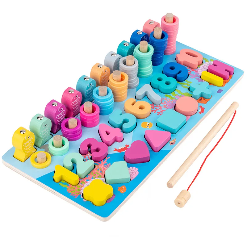 

Montessori Wooden Five-in-one Number Board Macaron Color Multi-function Calculation Magnetic Fishing Game Educational Math Toys