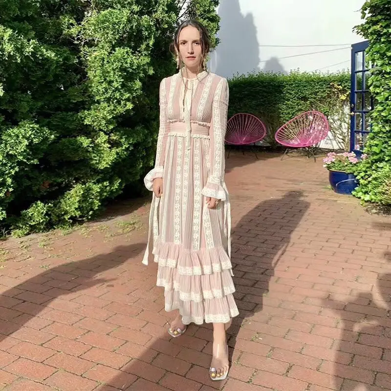 2019 осеннее Новое поступление милое кружевное длинное платье с длинными рукавами