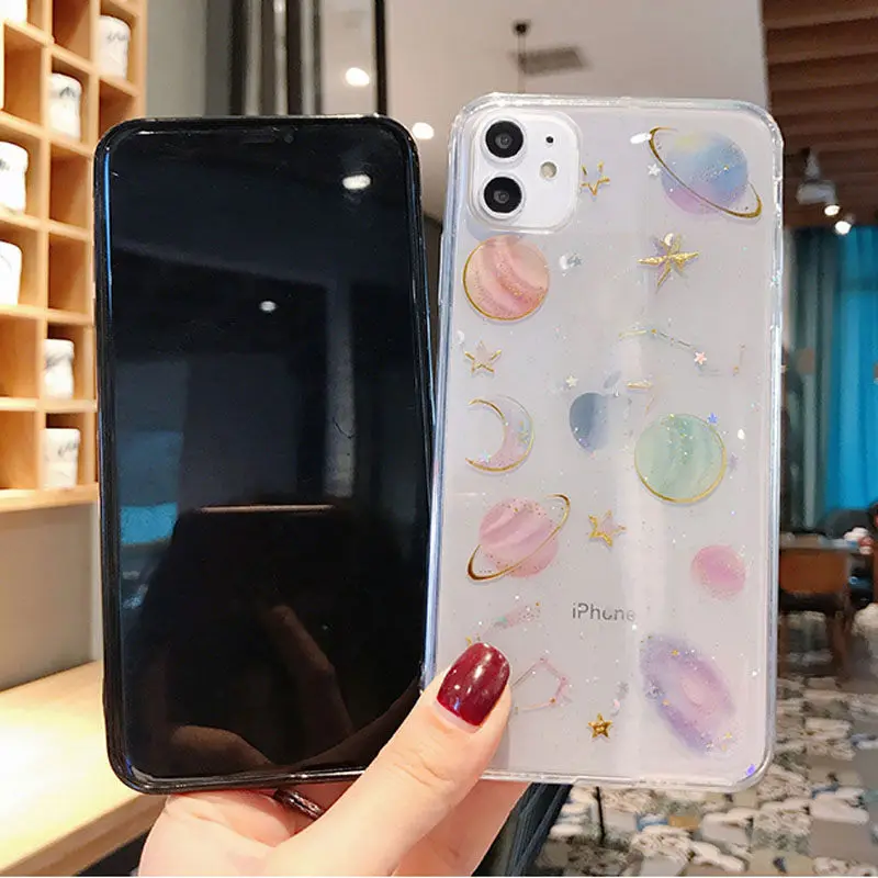 Lovebay Glitter Bling Stars Moon Phone Case For iPhone 11 12Pro SE 2020 X XR XS Max 7 8 6s Plus Clear Planet Soft TPU Back Cover