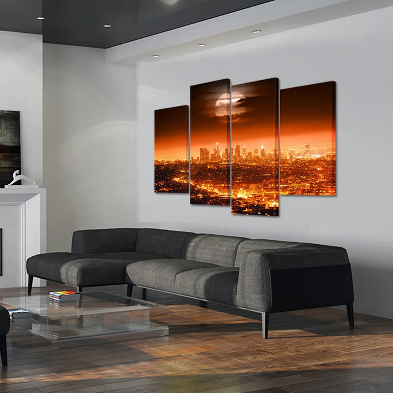 

4 Pieces Poster on The Wall Los Angeles Night View Canvas Wall Decor Full Moon HD Painting Decorations for The Room