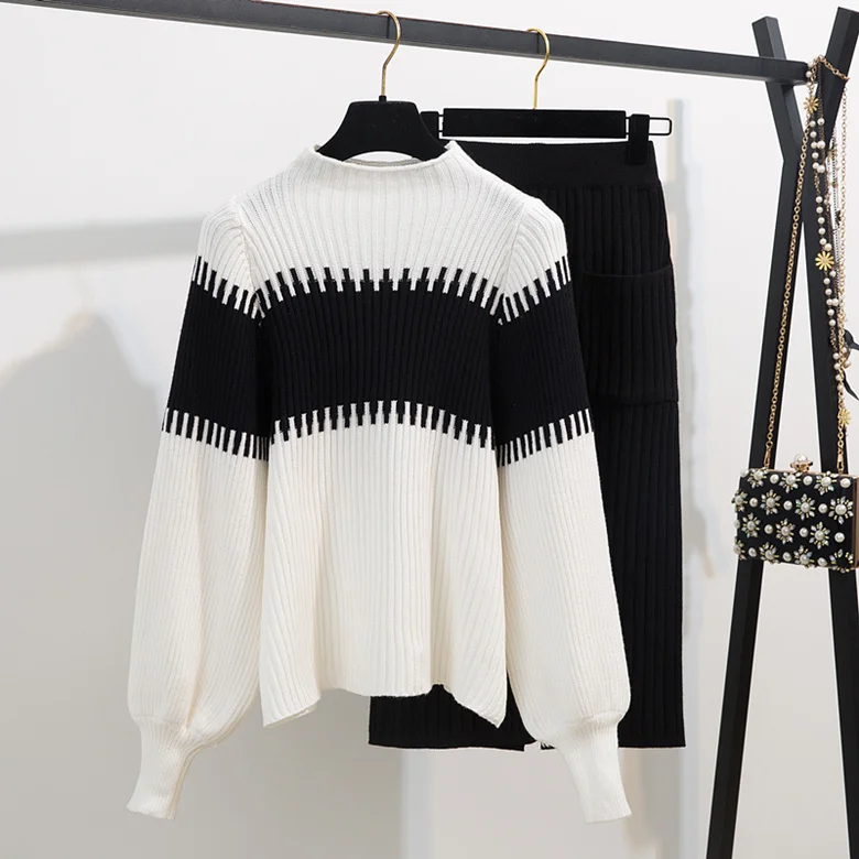 Осень 2020 корейские женские комплекты Белый Черный Полосатый лоскутный свитер с