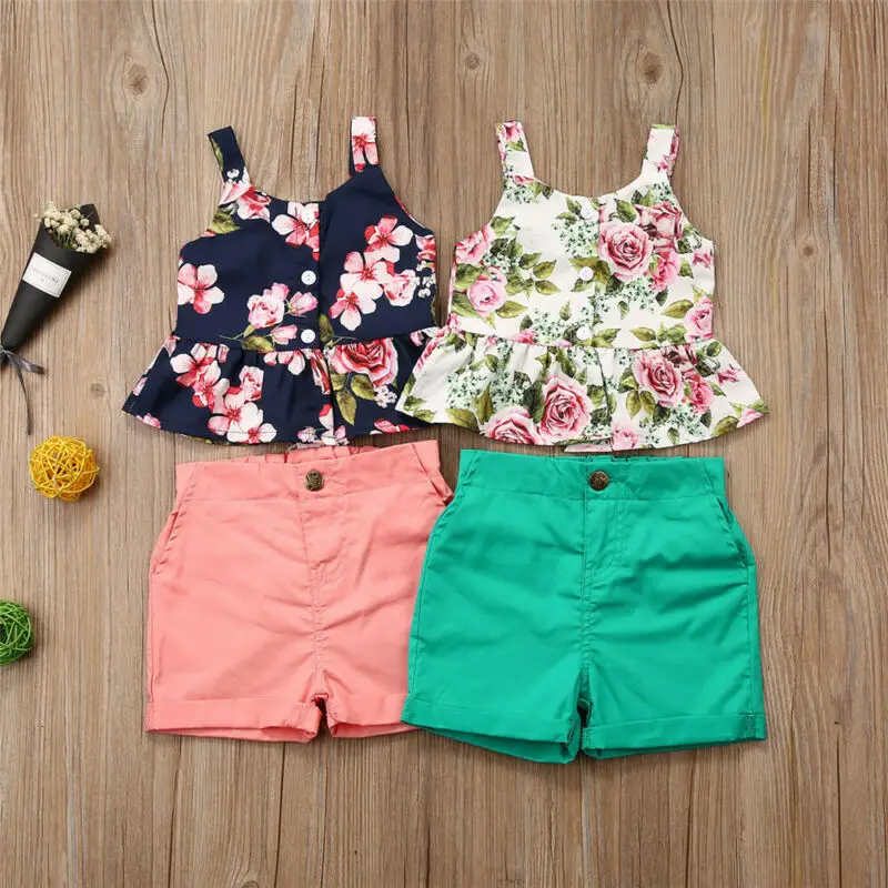 

1-6y Fashion Floral Newborn Baby Girl 2pcs Summer Clothes Set Sleeveless Tops +Solid Shorts Pants Outfits Set