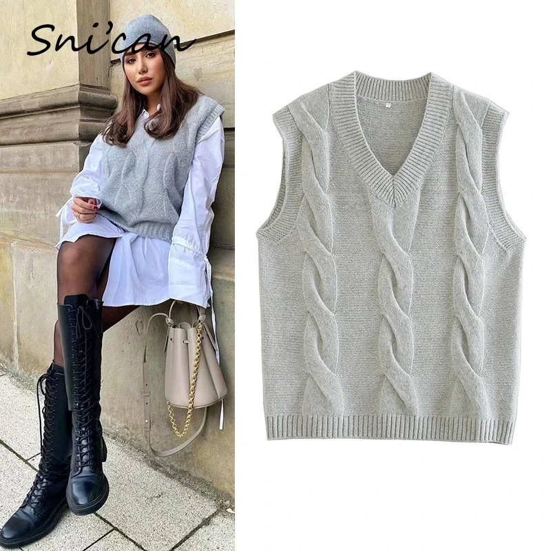 

Snican Spring Solid V Neck Sweater Vest Women Za 2021 Vintage Pullover Ladies Tops Jumper Mujer Casual Pull Sans Manches Femme