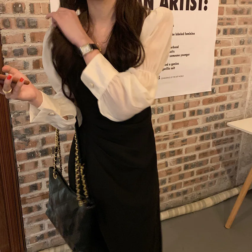 

ZCSMLL Korean temperament elegant square collar contrast color stitching pleated waist thin puff sleeve irregular dress female