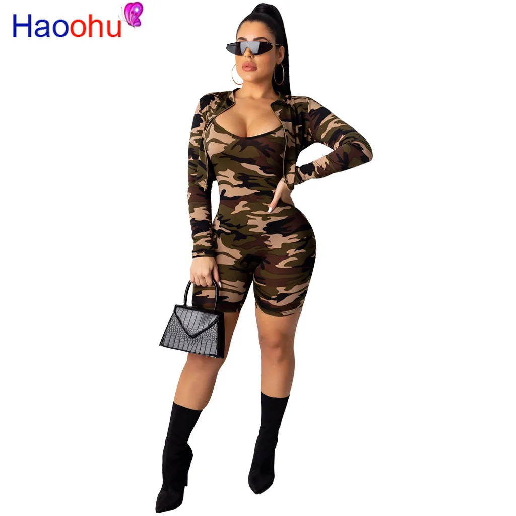 

Camo Print Sexy 2 Piece Matching Sets Women Clothes Long Sleeve Bomber Jacket and Scoop Neck Bodycon Short Playsuit Autumn Set
