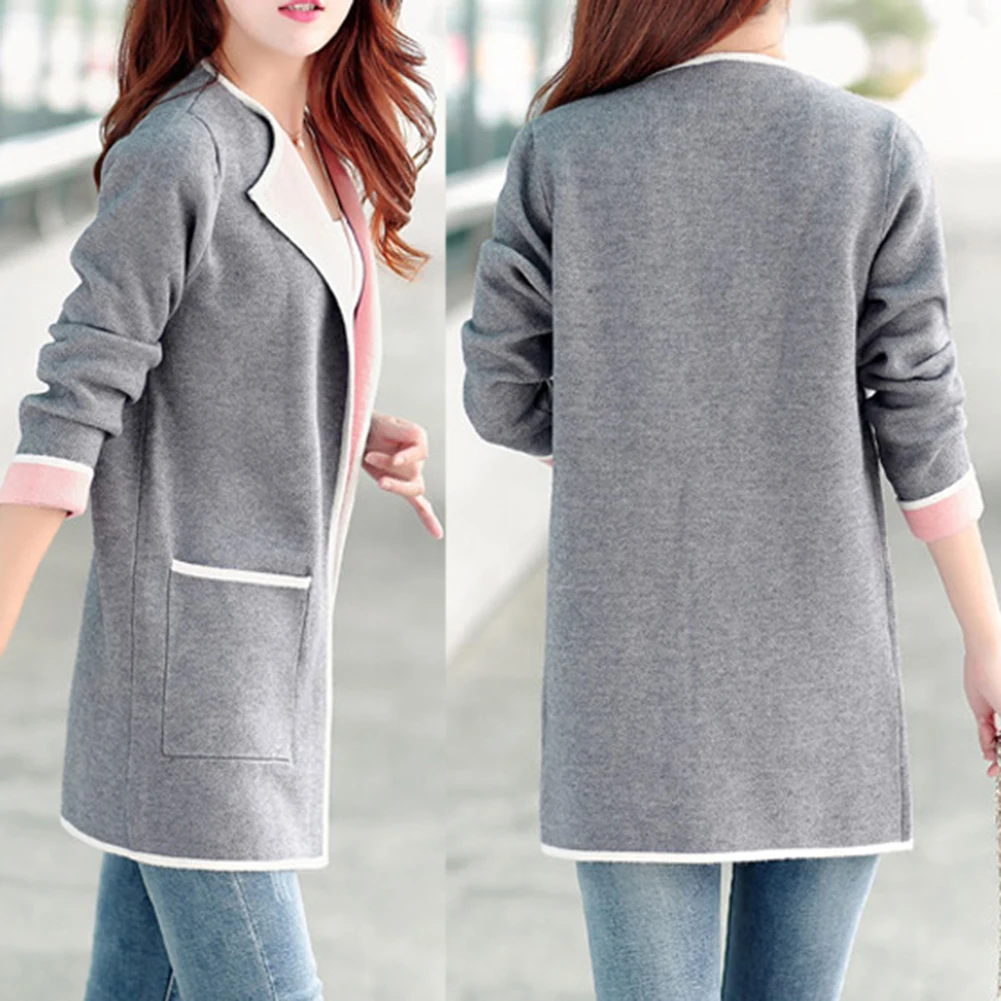 Модный Теплый Женский однотонный Кардиган с длинным рукавом и карманами